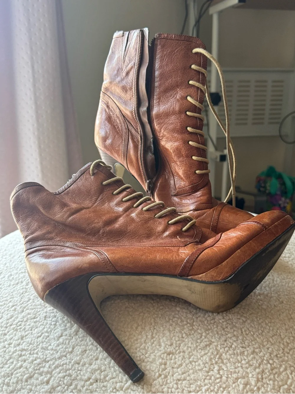 Carlos by Carlos Santana Cognac Brown Lace-Up High Heel Ankle Boots